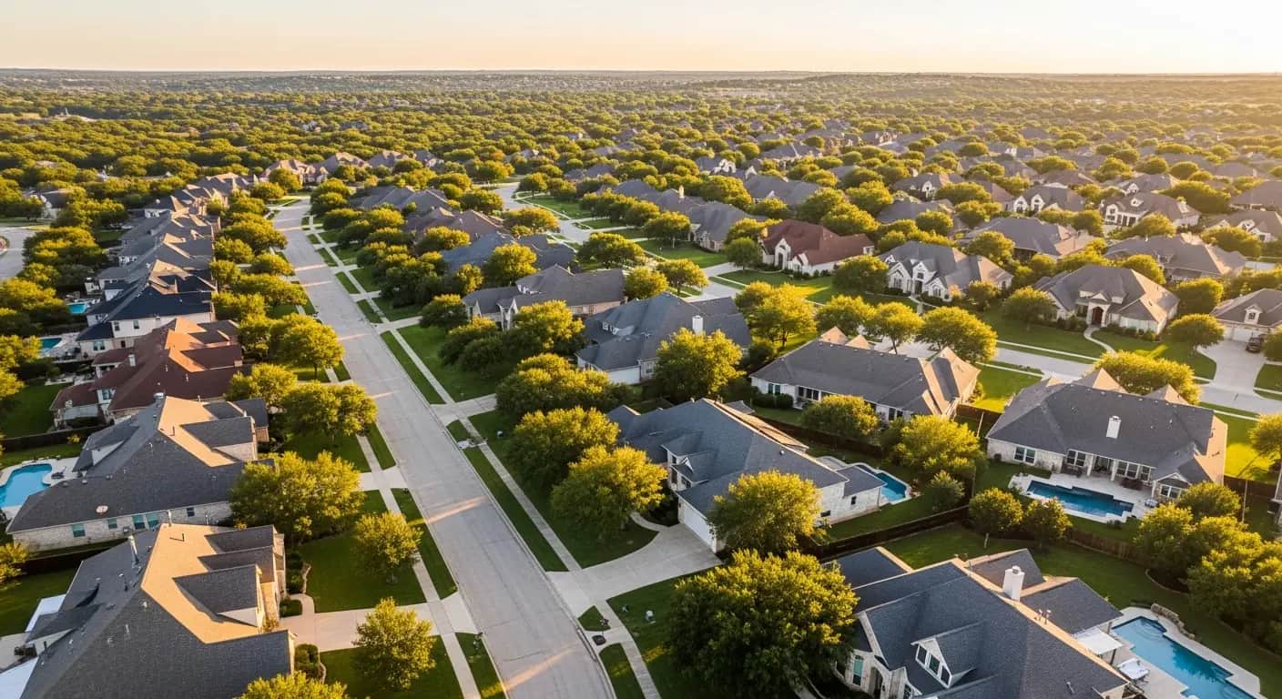 Aerial view of Texas neighborhood with well-maintained roofs