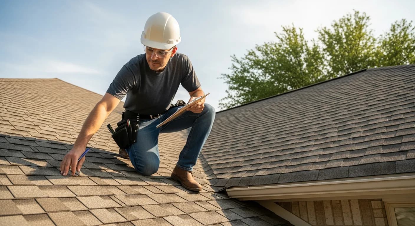 Homeowner inspecting architectural shingles on a residential roof in Bastrop, Texas during a professional maintenance check