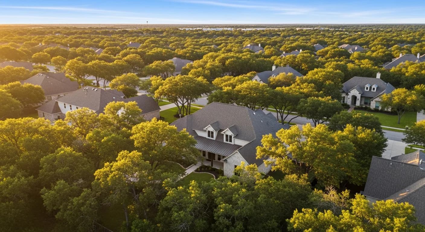 New architectural shingle roof on a residential home in Bastrop, Texas surrounded by live oak trees at golden hour