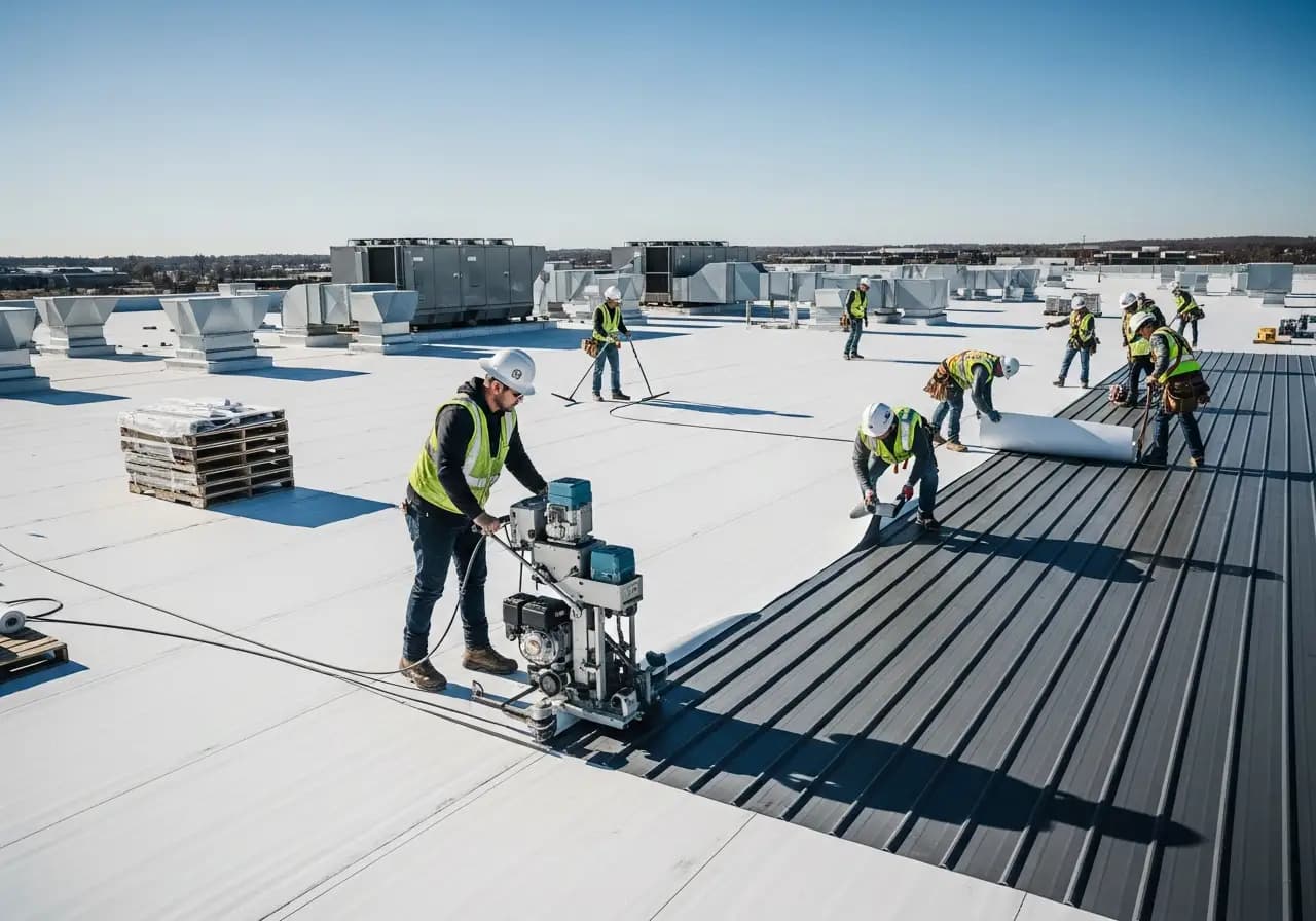 Commercial roofing crew installing flat roof system