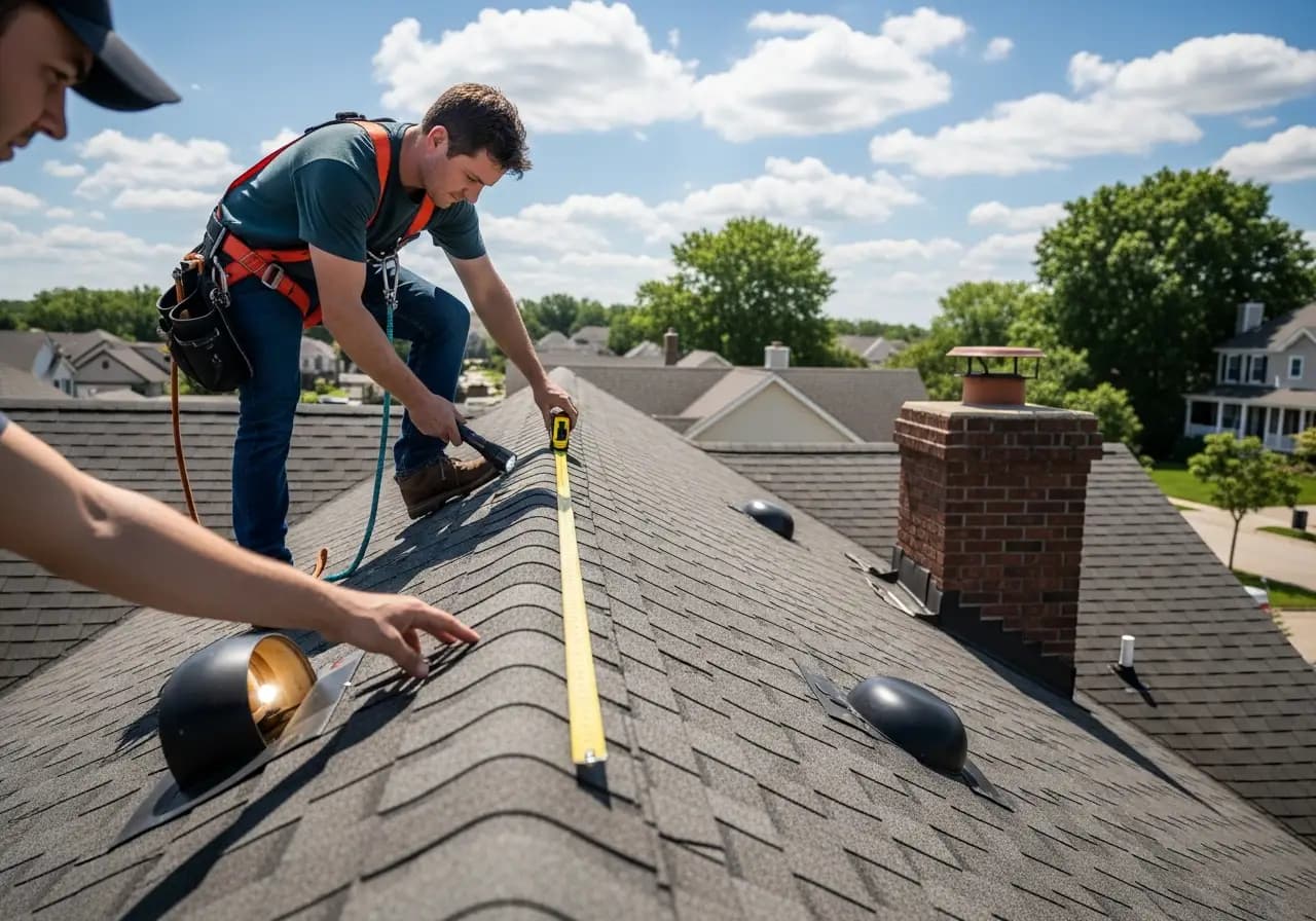 Professional roofer performing detailed roof inspection
