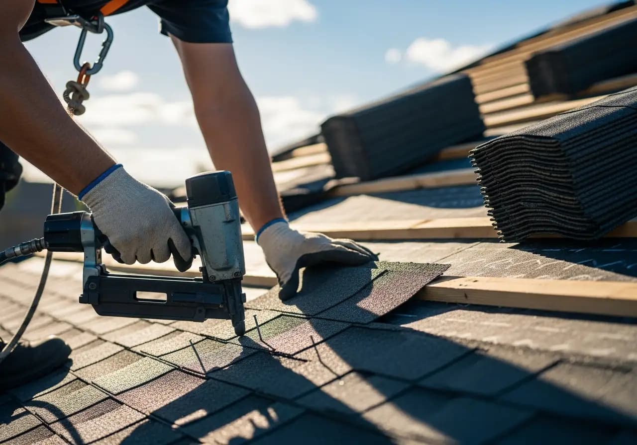 Professional roofer installing new shingles on a residential roof