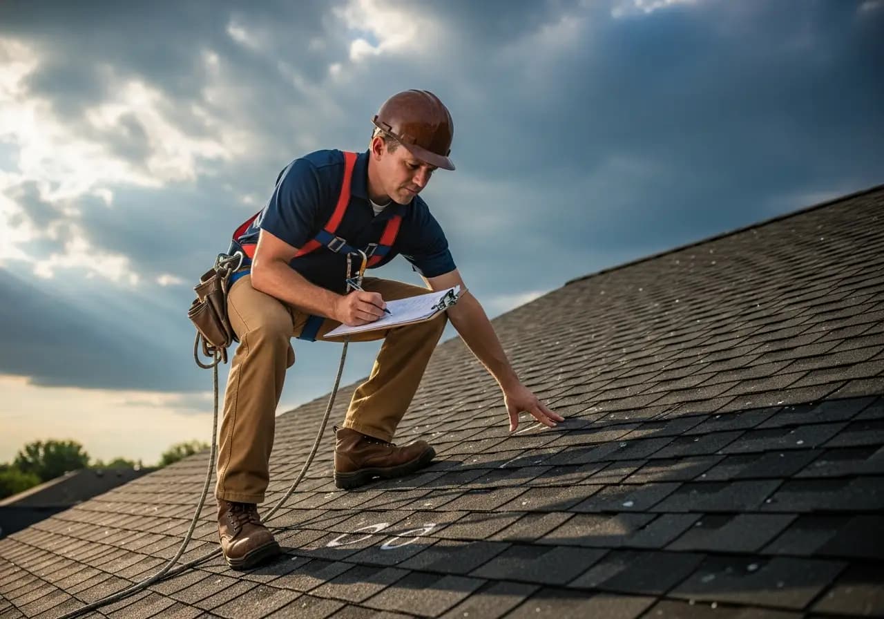 Roofer inspecting storm damage on a residential roof
